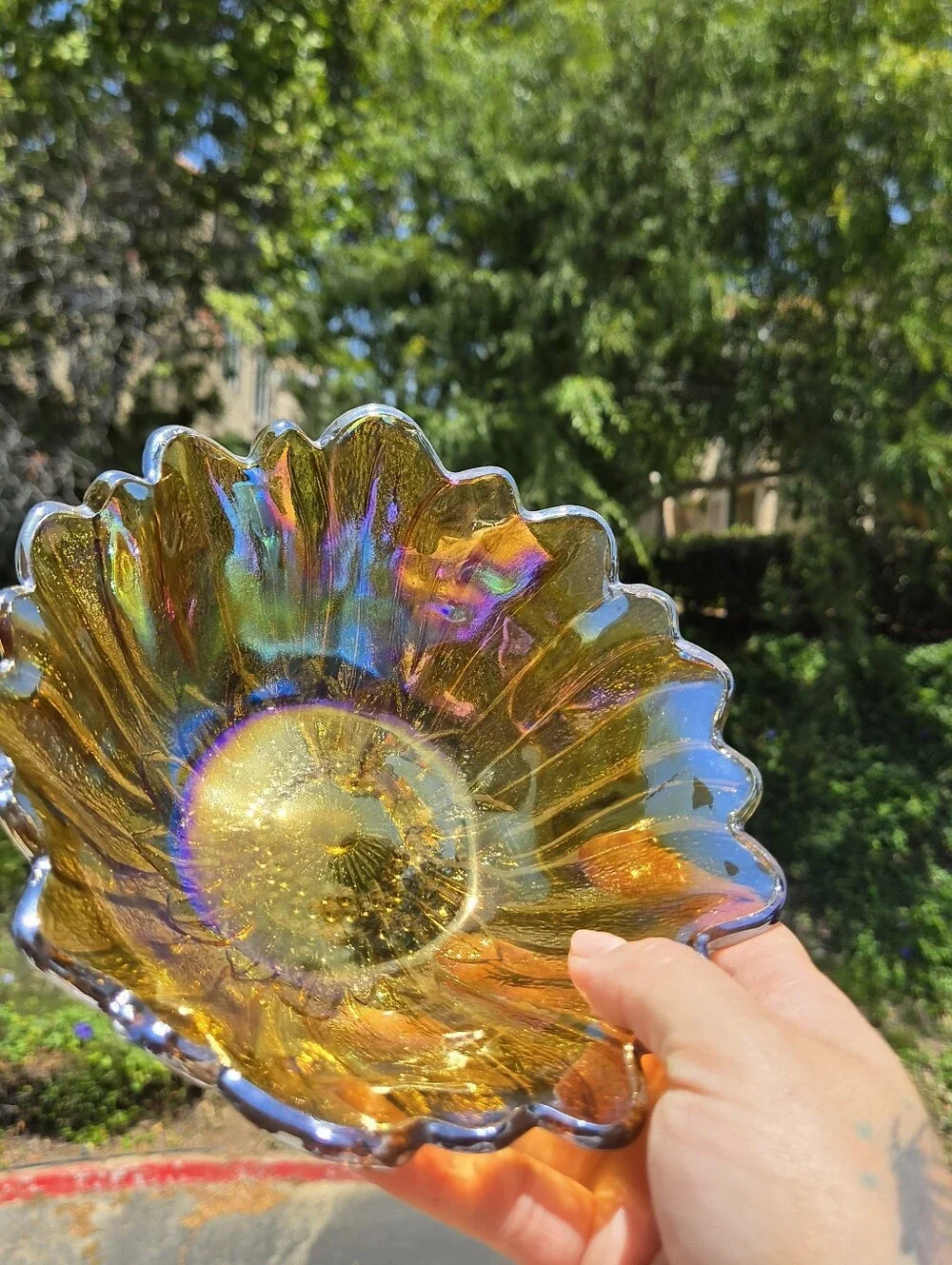 Vintage Indiana Iridescent Carnival Glass Marigold Sunflower Candy/Trinket Dish